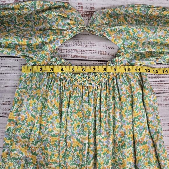 Faithfull The Brand Prairie Dress Sz M Green Yellow Floral Smocked Cottage Fairy - Picture 8 of 12